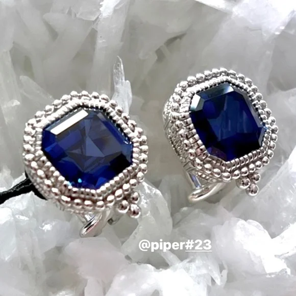 NWT Judith Ripka Asscher-cut Blue Sapphire Estate Stud Earrings - Picture 2 of 11